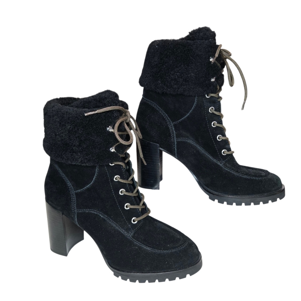 PAIGE Nina Black Suede Shearling Heeled Boots